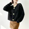 Cardigã de tricô para mulheres, estilo curto com design vazado, perfeito para primavera e outono, uma peça de outer wear nova e estilosa que fica ótima em silhuetas pequenas