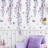 Pegatina de pared de vid de flor morada y mariposa, mural de vid colgante y flor estilo acuarela, autoadhesiva para dormitorios, habitaciones de niñas y salas de estar