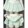 Shorts Falda Florales Verde Menta Mágicos Anti-Exposición para Mujer, Verano Estilo Línea A Cintura Alta Adelgazante Dulce Chica Estilo Shorts Medios Abullonados