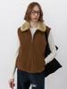 Chaleco de Lana Bie con Cuello de Imitación de Cuero de Algodón para Mujer, Parte Superior Exterior sin Mangas, Chaleco Cardigan con Cremallera para Mujer