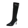 Otoño 2025 Nuevo Hebilla de Cinturón con Remaches Botas Altas Zapatos de Mujer Punta Fina Moda Tacones de Aguja Botas Elásticas Ajustadas Botas Largas