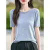 Camiseta de Punto de Manga Corta Primavera/Verano Nueva de Hilo Fino Lista para Usar Cuello Redondo, Camiseta Base Delgada, Color Sólido, En Stock al por Mayor
