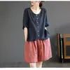 Algodón lino 2024 artístico retro manga corta algodón lino cuello V camiseta mujer holgada adelgazante versátil top bordado