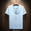 Nova camiseta masculina de algodão e linho de manga curta com dois botões para o verão de 2023, camiseta simples de cor sólida para jovens, lote de fábrica de roupas masculinas