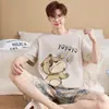 Pijama Masculino de Verão, Shorts de Manga Curta, Estilo Cartoon Solto para Estudantes Plus Size, Conjunto Casual para Casa Juvenil