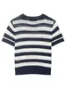 Verão 2026 Nova Roupa Feminina Estilo Europeu e Americano Gola Color Block Fina Manga Curta Tricô Top Curto Gola Redonda