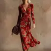 Vestido de punto de manga larga con cuello en V de estilo nuevo transfronterizo con elementos de impresión digital 3D, falda de moda y personalizada entallada a la cintura para mujer