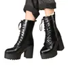 Botas Curtas com Cadarço na Frente Femininas Grossas Outono e Inverno Salto Alto 0 Botas Martens Botas Femininas wish202 Zíper Lateral Comércio Exterior