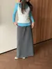 Saia Longa de Malha Cinza Feminina Outono Inverno Cordão Cintura Alta Reta Fenda Linha A Quadril Saia Longa Super Bonita