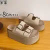Versão em Couro de Vaca Sandálias Aumentadoras de Altura com Solado Grosso de 8cm para Mulheres Baixas, Confortáveis para os Pés, Sandálias de Bico Aberto para Uso Externo no Verão, Sandálias Estilo Birkenstock