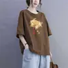 Camiseta de Manga Curta Estilo Chinês Novo para Comércio Exterior Transfronteiriço, Blusa Solta Plus Size para Mulheres Curvilíneas, Esconde a Barriga, Efeito Emagrecedor
