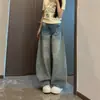 Jeans azules de pierna ancha para mujer con bigotes, nuevo estilo de otoño, sueltos y con caída, pantalones de pierna curva adelgazantes, talla grande para mujer