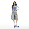Jeans Retro Estilo Americano Chica Picante Modelo Nuevo Lavado y Desgastado Pierna Ancha Cinco Puntos Azul Retro Azul Claro Edición de Primavera