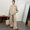 Novedad Otoño/Invierno 2026 Estilo Temperamento Perezoso Conjunto de Punto para Mujer Sudadera con Capucha Media Cremallera Bloque de Color Pantalones de Pierna Ancha Conjunto de Dos Piezas