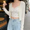 2026 Blusa Transparente Blanca Corta de Encaje con Protección Solar para Mujer, Cárdigan de Verano para Figuras Pequeñas, Se Usa sobre un Vestido de Tirantes como Chaqueta Chal