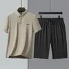 Traje Casual para Hombre Solapa Mediana Edad Elegante Dos Piezas Negocios Camisa Polo Seda de Hielo Manga Corta Holgado Papá Verano 20