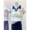 Camiseta de Manga Corta con Cuello Polo a Rayas y Bloques de Color para Mujer, Nuevo Estilo Verano 2026, Top de Punto a la Moda con Mangas Acampanadas y un Look Elegante