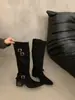 Botas Longas Retrô de Camurça com Fivela e Salto Bloco para Mulheres, Novo Modelo 2026, Botas de Equitação Apontadas Acima do Joelho, Botas Plissadas Empilhadas