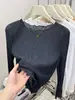 Top de punto base con textura de borde de hongo negro para otoño temprano para mujer, fino, ligeramente transparente, manga larga, adelgazante, estilo coreano, encaje, ropa interior