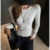 Camiseta Básica Lisa de Manga Longa com Gola Redonda para Mulheres, Top Interno de Alta Qualidade Slim Fit com Senso de Design, Camisa Base Canelada