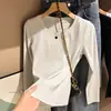 Camiseta base feminina com forro de fleece para outono e inverno, top de manga longa com gola redonda, camiseta de algodão com fleece