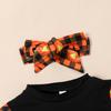 Conjunto de Halloween para niños de comercio exterior, nuevo conjunto de camiseta de manga larga a juego con color calabaza, pantalones acampanados de malla + banda para el cabello, conjunto de tres piezas