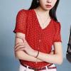 Nova Roupa Feminina Gejia 2024 Outono e Verão Nova Camiseta Feminina Top de Malha de Alta Qualidade Decote V Chiffon Manga Curta