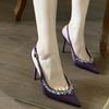 Sandálias femininas de salto alto com strass roxo e boca em V 2025, salto agulha em cetim, socialite, para encontros, Baotou, com fivela