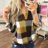 Camiseta de manga larga con cuello en V y estampado a cuadros para mujer, nueva camiseta de comercio exterior europeo y americano WISH para primavera y otoño