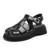 Sandalias Romanas Huecas de Suela Gruesa de Cuero Genuino, Sandalias de Verano, Zapatos Tejidos de Jaula de Cerdo, Zapatos Retro Antideslizantes con Espina de Pescado de Plataforma