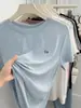 Camiseta de manga corta para mujer, ligera y cómoda, de Lyocell Tencel y lana, hombro normal de verano, top simple bordado de cuello redondo, camiseta básica