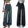 Jeans de perna larga com design patchwork personalizado em estilo retrô americano para mulheres, novas calças retas largas emagrecedoras nostálgicas para primavera e outono
