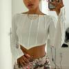 Otoño Sexy Moda Costuras Plisado Texturizado Jersey Corto Crop Top Cuello Redondo Ajustado Manga Larga Camiseta Ropa de Mujer