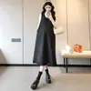 Roupas de maternidade para outono e inverno: Conjunto de duas peças: saia de suspensório com pérolas + camisa base de gola alta, saia longa de lã que esconde a barriga e emagrece
