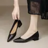 Zapatos de slip-on de punta fina estilo hada con tacón grueso nuevo 2026, cubiertos de cuero de dos capas con suelas suaves, versátiles para el trabajo y la oficina, para mujer