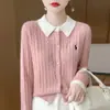 26 Nuevo Estilo Primavera y Otoño Cárdigan 100% Lana Pura para Mujer con Solapa, Bloques de Color, Suéter Bordado, Chaqueta de Punto de Cachemira Holgada