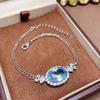Pulseira Grande Oval Simples de Cristal Azul Topázio Natural Novo Estilo com Cravação em Prata S925, Design Vintage Desgastado