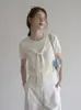 Top de Punto Blanco Redondo de Manga Corta Único y Hermoso para Mujer, Moderno y Ceñido, Versátil Top de Verano