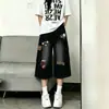 Jeans Cropped Preto Bordado Retro Tendência para Mulheres, Calça de Verão de Cintura Alta Emagrecedora Wide-Leg para Corpo em Formato de Pera