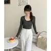 Foto Real # Camiseta de Manga Longa com Gola Grande de Bolinhas para Mulheres, Top Curto Slim-Fit de Verão com Renda na Gola U.