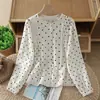 Foto Real de Camisa de Design Estilo Coreano com Bolinhas para Mulheres, Novo Modelo de Primavera, Caimento Solto, Versátil, Gola Redonda, Manga Longa, Top Camisa 100% Algodão