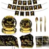 Juego de Vajilla para Fiesta de Año Nuevo 2026 Negro Dorado Decoración de Fiesta de Año Nuevo Globos Platos de Papel Vasos de Papel Pancarta Suministros para Fiestas