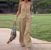 Moda Femenina Europea y Americana Transfronteriza 2025 Nuevo Traje de Color Sólido Chaleco y Pantalón Parcheado Casual Conjunto de Dos Piezas para Mujer