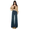 5588 Novos Calças Jeans de Cintura Alta Elástica com Botão Duplo de Perna Larga Comprimento Total Outono e Inverno Largas e com Caimento para Mulheres