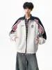 Cardigan Moletom Gola Alta Listrado Color Block Estilo Americano Masculino Marca da Moda Estilo College Solto Casual Versátil Jaqueta Casaco Esportivo