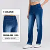 Nuevos Pantalones Vaqueros de Punto para Mujer Estilo Transfronterizo, Pierna Recta, Puños Enrollados, Efecto Adelgazante, Diseño de Bolsillos, Aspecto Desgastado, Pantalones Casuales para Fitness