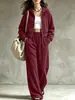 TUME Europea y Americana Amazon Transfronterizo Casual Textura Acanalada con Capucha Cremallera Chaqueta Corta Pantalones Largos de Pierna Ancha Conjunto de Dos Piezas