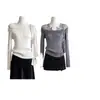 Suéter de Punto Patchwork con Encaje Gris de Alta Gama Estilo Francés para Mujer, Capa Base Otoño e Invierno, Corte Delgado, Adelgazante, Top de Cuello Semi Alto