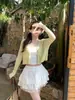 Cardigã de Tencel com Alças 2026 Novo Verão Amarelo Jaqueta Tricotada Proteção Solar Cover-Up Top Branco Tamanho Único