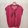Blusa de malha de seda gelada, respirável, bonita, modeladora e versátil para o verão, com amarração de lenço de seda e mangas curtas bufantes vazadas